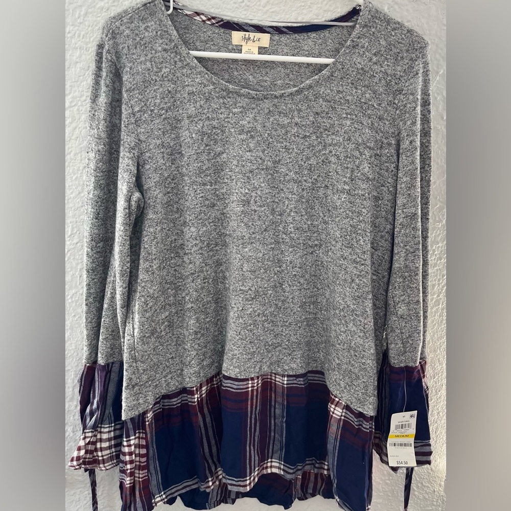Style & Co. Scoop Neck Tiered Sleeve Top Layered Grey And Plaid Womens Size M